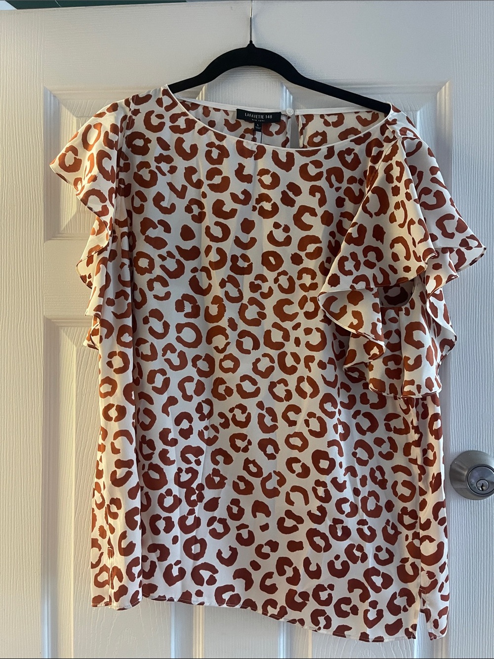 Lafayette 148 New York Cream and Brown Leopard-Print Ruffle Sleeve Top